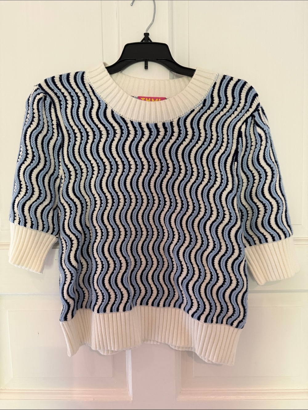 THML Cream, Light Blue & Navy Wave-Pattern Crewneck Sweater